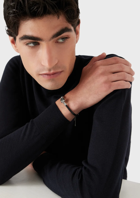 bărbați R802G2072 brățară cu curea din marmură neagră și piele Armani negru