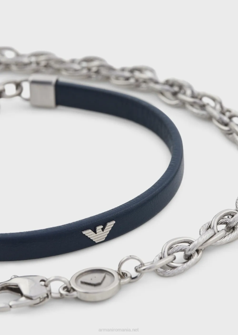 bărbați R802G2079 Set de bratari din piele albastra si otel inoxidabil Armani albastru inchis