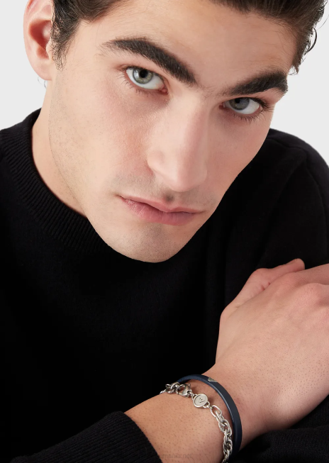 bărbați R802G2079 Set de bratari din piele albastra si otel inoxidabil Armani albastru inchis