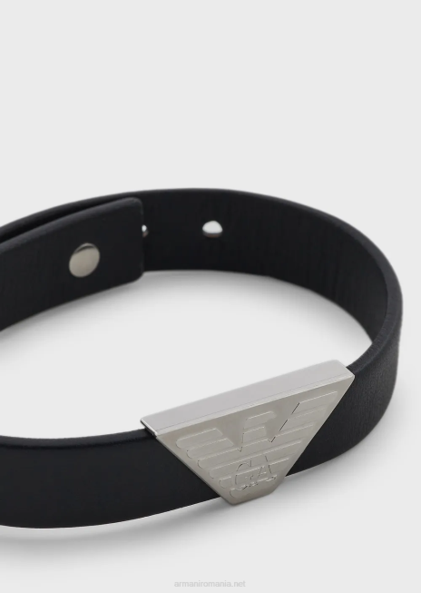 bărbați R802G2103 brățară de identitate din piele neagră Armani argint
