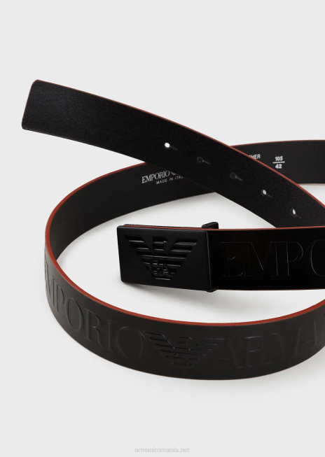 bărbați R802G1996 curea din piele cu inscripții supradimensionate în relief Armani negru adânc