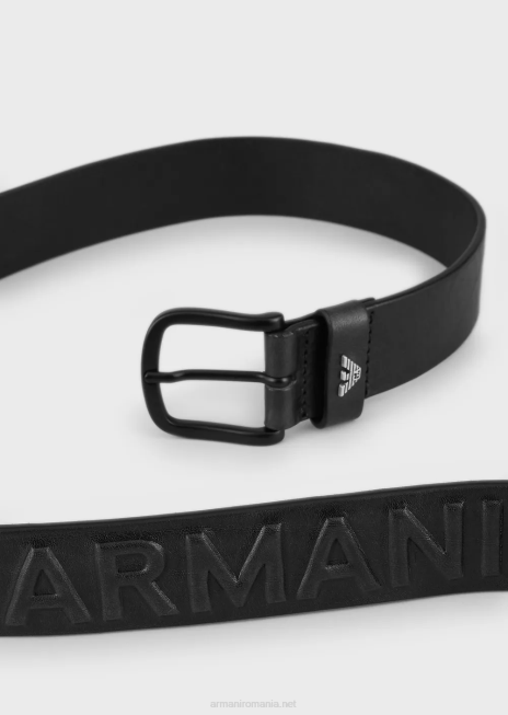 bărbați R802G2005 centură din piele cu efect vintage cu inscripții supradimensionate în relief Armani negru