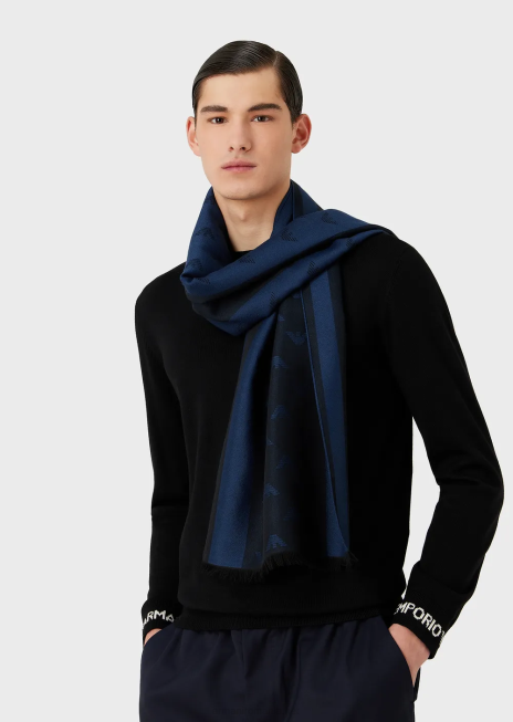bărbați R802G2117 eșarfă din amestec de lână cu vultur și dungi Armani