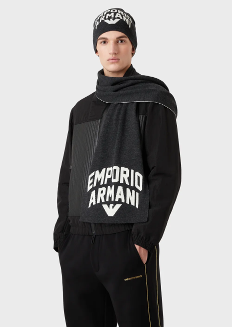 bărbați R802G2119 eșarfă din amestec de lână cu logo îndrăzneț Armani gri închis