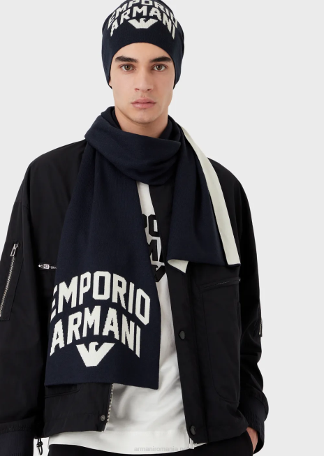 bărbați R802G2120 eșarfă din amestec de lână cu logo îndrăzneț Armani albastru marin