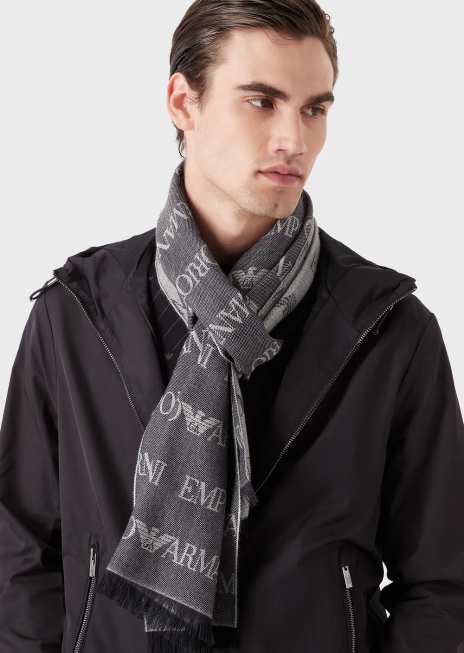 bărbați R802G2122 eșarfă din amestec de lână cu inscripții jacquard peste tot Armani albastru