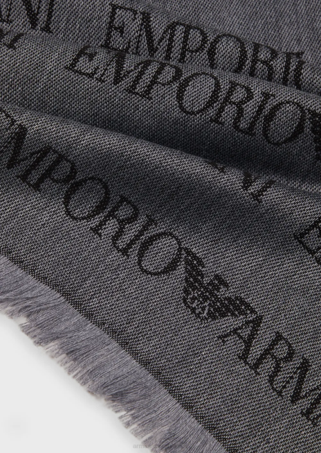 bărbați R802G2123 eșarfă din amestec de lână virgină, cu sigla jacquard și franjuri Armani gri