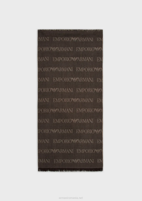 bărbați R802G2124 eșarfă din amestec de lână virgină, cu sigla jacquard și franjuri Armani maro