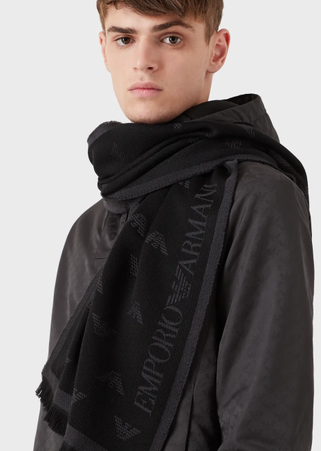 bărbați R802G2129 eșarfă din lână brodată cu vultur Armani antracit