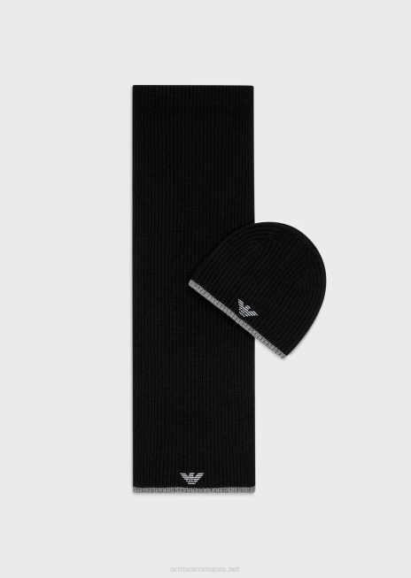 bărbați R802G2133 set palarie si esarfa cu vultur brodat Armani negru