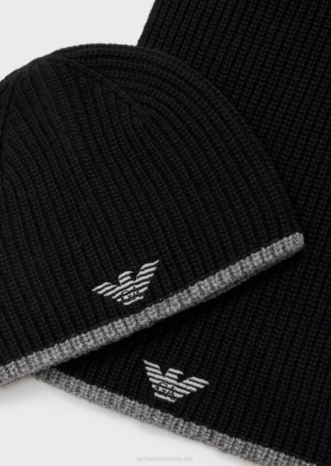 bărbați R802G2133 set palarie si esarfa cu vultur brodat Armani negru