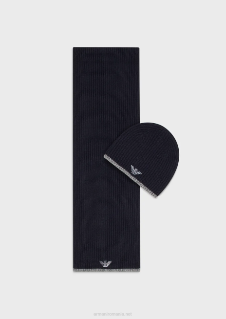 bărbați R802G2135 set palarie si esarfa cu vultur brodat Armani albastru marin