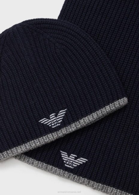 bărbați R802G2135 set palarie si esarfa cu vultur brodat Armani albastru marin