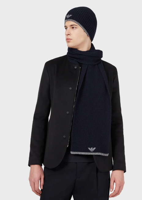 bărbați R802G2135 set palarie si esarfa cu vultur brodat Armani albastru marin