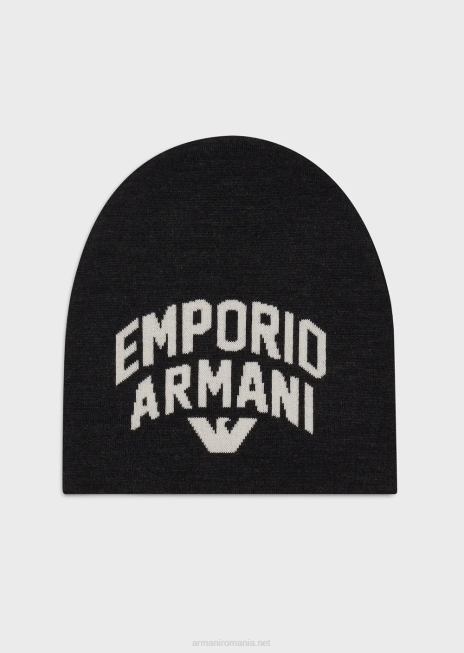 bărbați R802G2036 bonetă din amestec de lână cu inscripții jacquard Armani gri închis