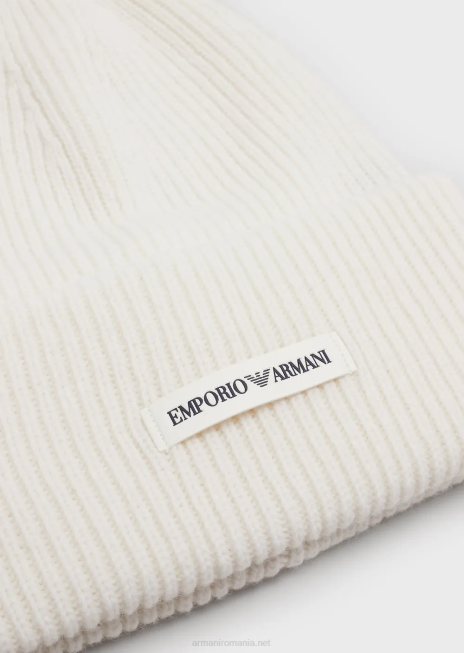 bărbați R802G2071 bonetă din lână cu nervuri, cu plasture cu logo Armani