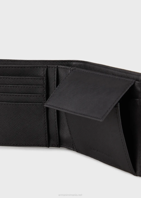 bărbați R802G2178 portofel cu buzunar pentru monede din piele regenerată cu placă vultur Armani negru