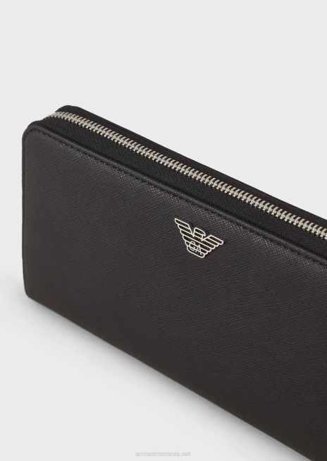 bărbați R802G2184 portofel din piele regenerată cu fermoar înfășurat și placă vultur Armani negru