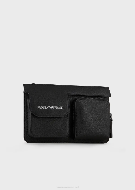 bărbați R802G2207 Husă tehnologie din piele regenerată cu imprimeu saffiano, cu buzunar exterior Armani negru