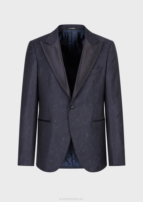 bărbați R802G1018 jachetă smoking slim-fit, dintr-un amestec floral de lână jacquard, cu revere din satin Armani albastru marin