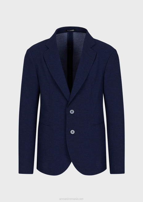 bărbați R802G1019 jachetă tehnică seersucker cu un singur piept Armani albastru miezul nopții