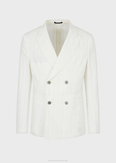 bărbați R802G1028 geacă dublu cu revere din in perforat cu efect de dungi Armani alb