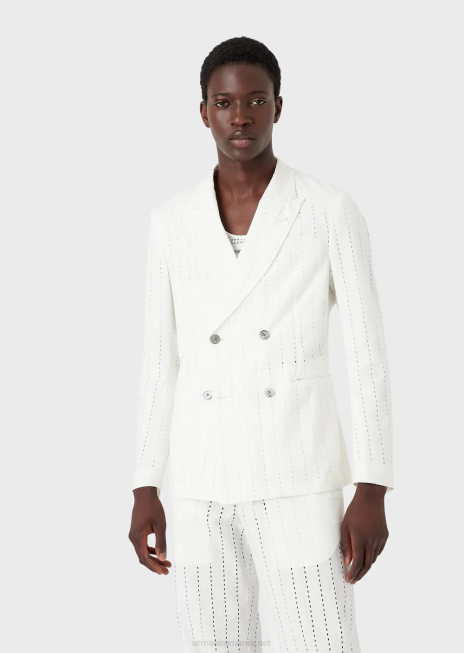 bărbați R802G1028 geacă dublu cu revere din in perforat cu efect de dungi Armani alb