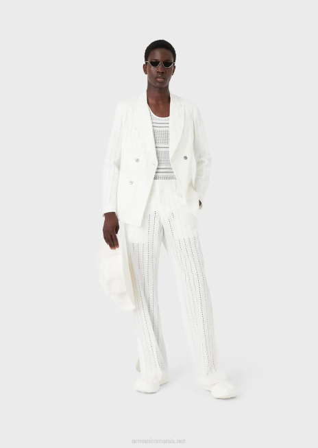 bărbați R802G1028 geacă dublu cu revere din in perforat cu efect de dungi Armani alb