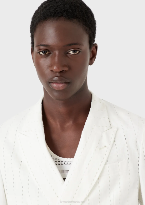 bărbați R802G1028 geacă dublu cu revere din in perforat cu efect de dungi Armani alb