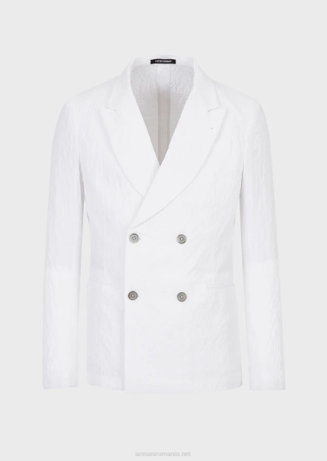 bărbați R802G1029 jachetă dublu cu revere din bumbac elastic cu aspect spălat Armani alb