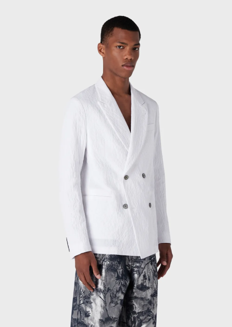 bărbați R802G1029 jachetă dublu cu revere din bumbac elastic cu aspect spălat Armani alb