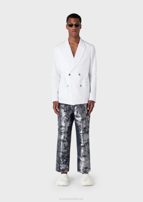 bărbați R802G1029 jachetă dublu cu revere din bumbac elastic cu aspect spălat Armani alb