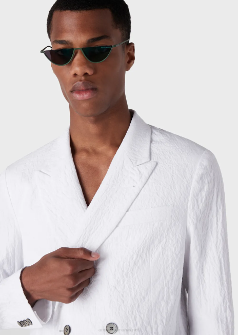 bărbați R802G1029 jachetă dublu cu revere din bumbac elastic cu aspect spălat Armani alb