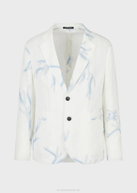 bărbați R802G1030 jachetă cu un singur piept din in cu imprimeu coral Armani alb