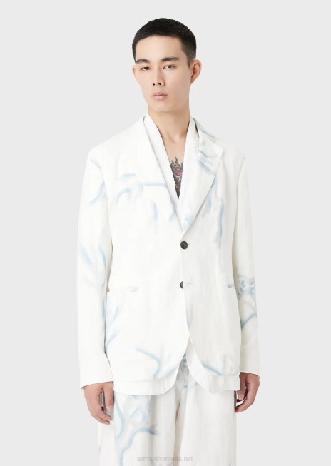 bărbați R802G1030 jachetă cu un singur piept din in cu imprimeu coral Armani alb