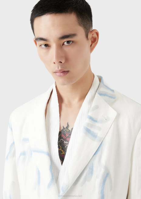 bărbați R802G1030 jachetă cu un singur piept din in cu imprimeu coral Armani alb