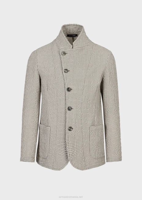 bărbați R802G1032 Jachetă elastică din amestec de lână virgină, cu guler guru, cu efect 3D Armani maro