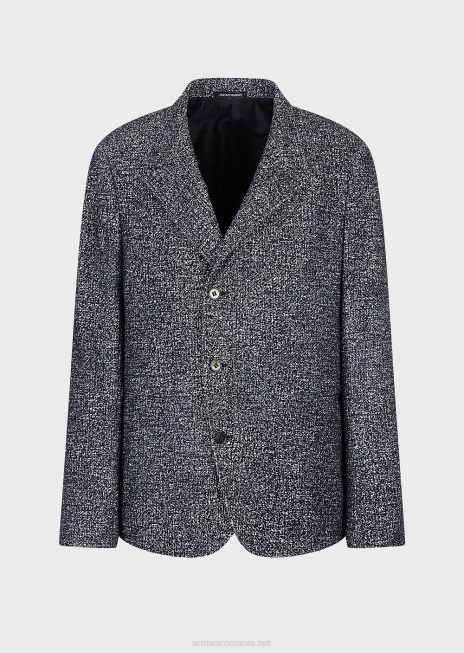 bărbați R802G1037 jachetă cu guler nehru din țesătură plasă flocata, imprimată Armani albastru