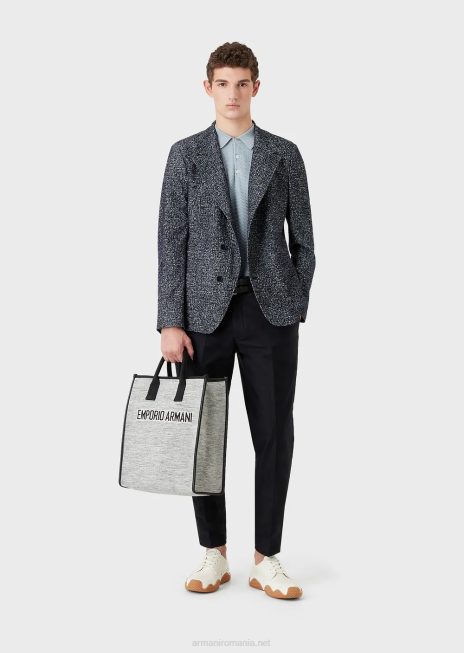 bărbați R802G1037 jachetă cu guler nehru din țesătură plasă flocata, imprimată Armani albastru