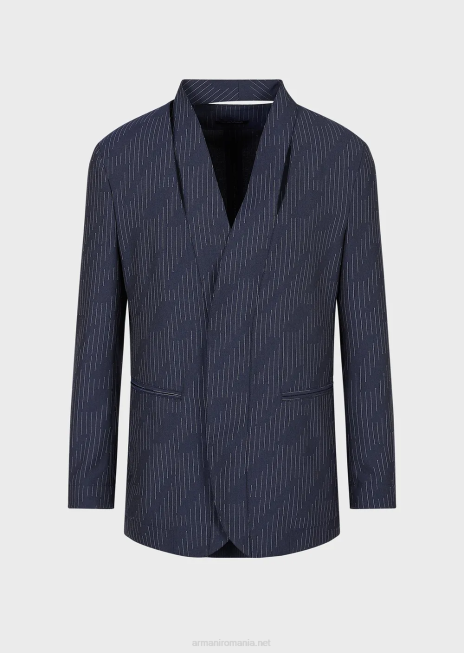 bărbați R802G1043 jachetă cu un singur piept cu despicătură la decolteu din țesătură cu efect denim cu dungi fil coupe Armani albastru marin