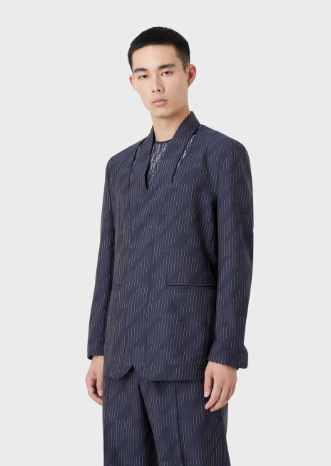 bărbați R802G1043 jachetă cu un singur piept cu despicătură la decolteu din țesătură cu efect denim cu dungi fil coupe Armani albastru marin