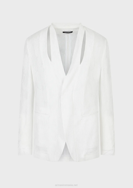 bărbați R802G1044 jachetă cu un singur piept, cu despicătură la decolteu, într-un amestec de mătase jacquard plisat Armani alb