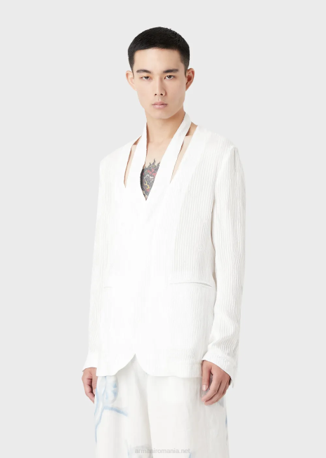 bărbați R802G1044 jachetă cu un singur piept, cu despicătură la decolteu, într-un amestec de mătase jacquard plisat Armani alb