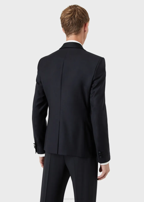 bărbați R802G1054 jachetă din lână virgină pieptănată cu revere șal din satin Armani albastru marin