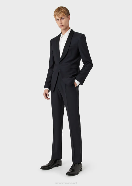 bărbați R802G1054 jachetă din lână virgină pieptănată cu revere șal din satin Armani albastru marin