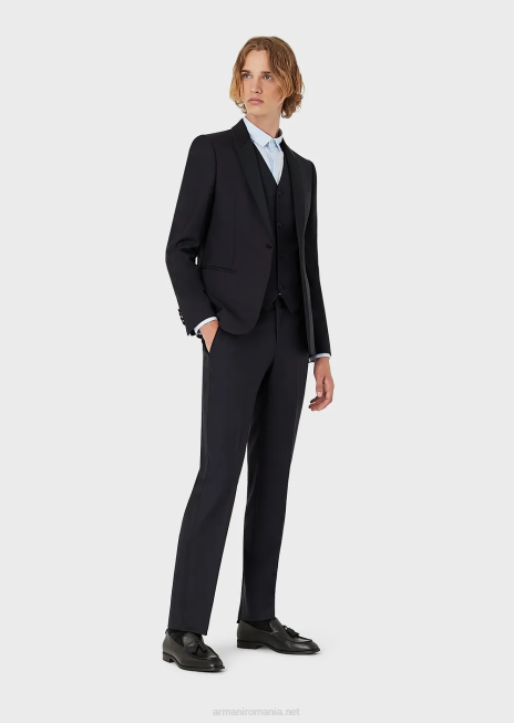 bărbați R802G1056 Gilet de lână virgină cu un singur piept Armani albastru marin