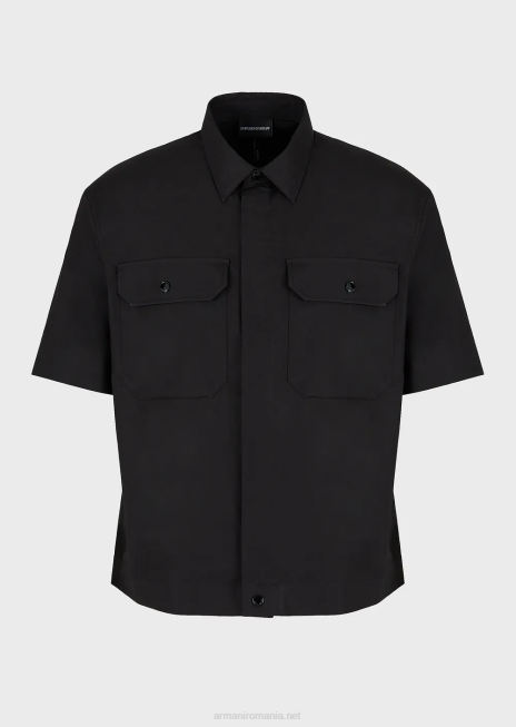 bărbați R802G1058 cămașă cu mâneci scurte din popelin pima cu buzunare Armani negru