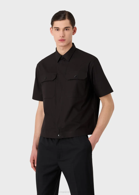 bărbați R802G1058 cămașă cu mâneci scurte din popelin pima cu buzunare Armani negru