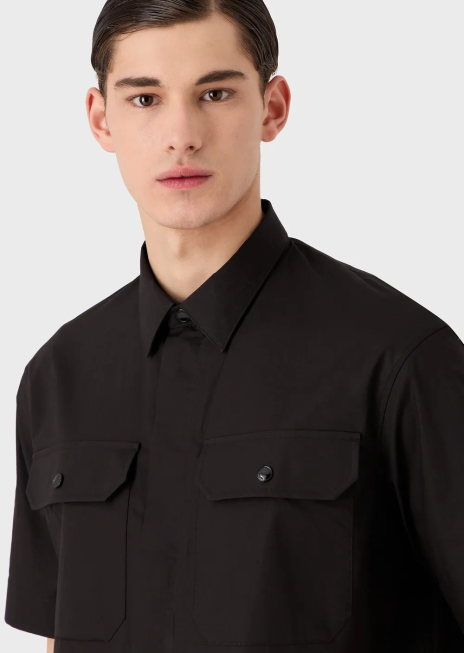 bărbați R802G1058 cămașă cu mâneci scurte din popelin pima cu buzunare Armani negru