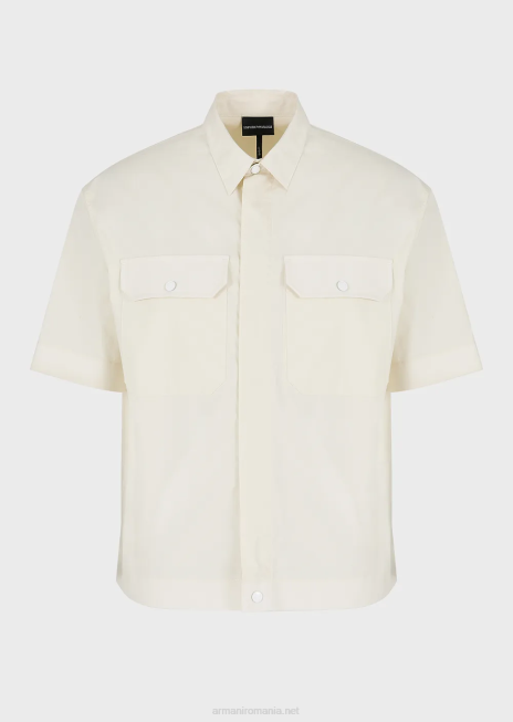 bărbați R802G1059 cămașă cu mâneci scurte din popelin pima cu buzunare Armani bej